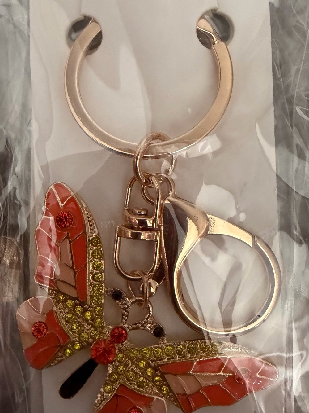 Mint Gold-Tone Keychain with Orange and Lime Butterfly Charm